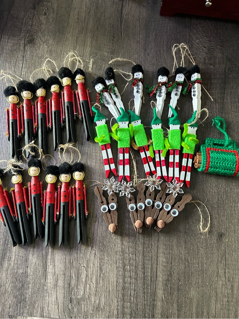 Festive Holiday Clothespin Ornaments Set - Red, Green, Black homemade